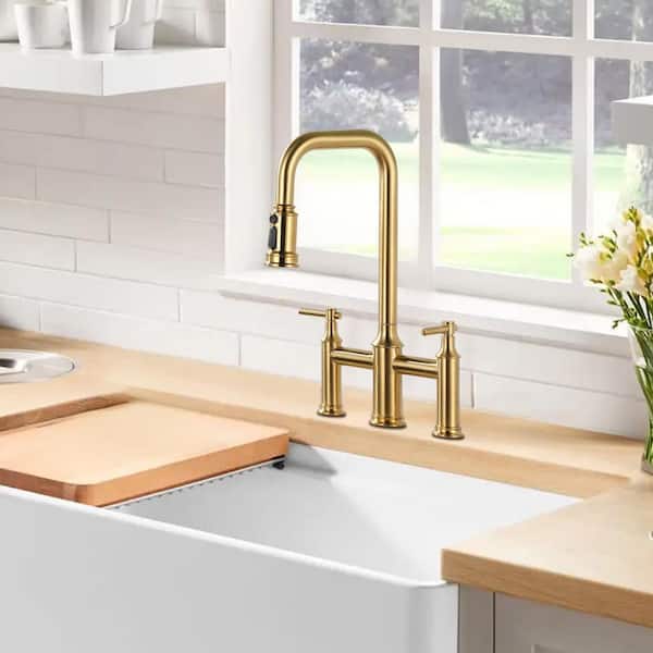 3 Patterns Double Handle Pull Down Bridge Kitchen Faucet with 360° Swivel Spout for 3 Holes in Brushed Gold