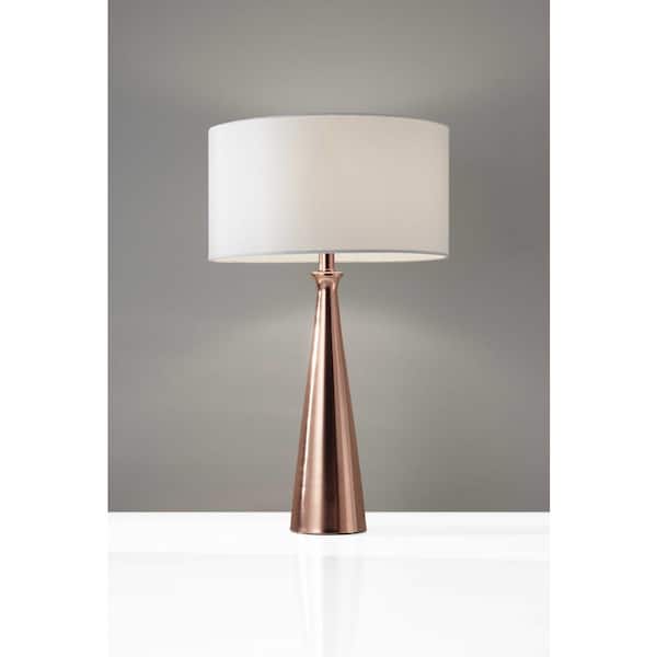 HomeRoots Charlie 21.5 in. Copper Integrated LED No Design Interior Lighting Table Lamp for Living Room w/White Linen Shade