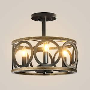 13 in. 3-Light Black Cage Drum Semi-Flush Mount Ceiling Light Fixtures Industrial Farmhouse Style for Kitchen Island