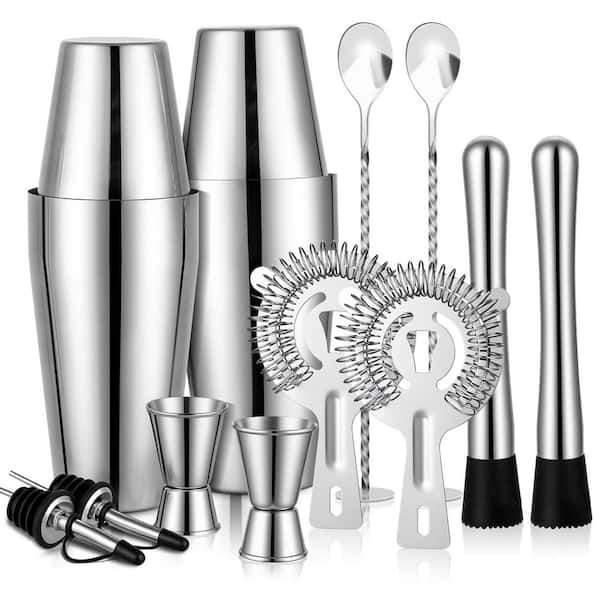 14-Piece Silver Stainless Steel Cocktail Shaker Set Bartender Kit with Shakers, Jiggers and Tools