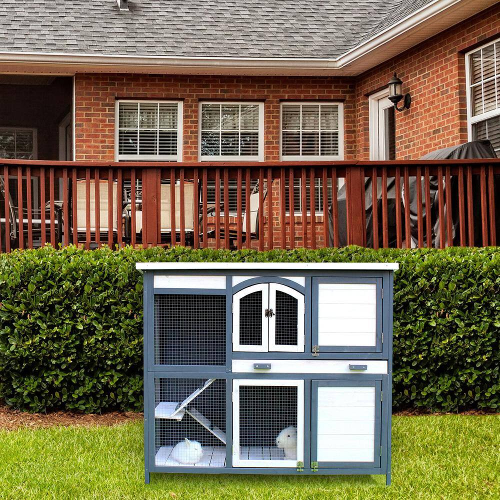Gray and White Wooden 2-Story Rabbit Hutch with Ramps