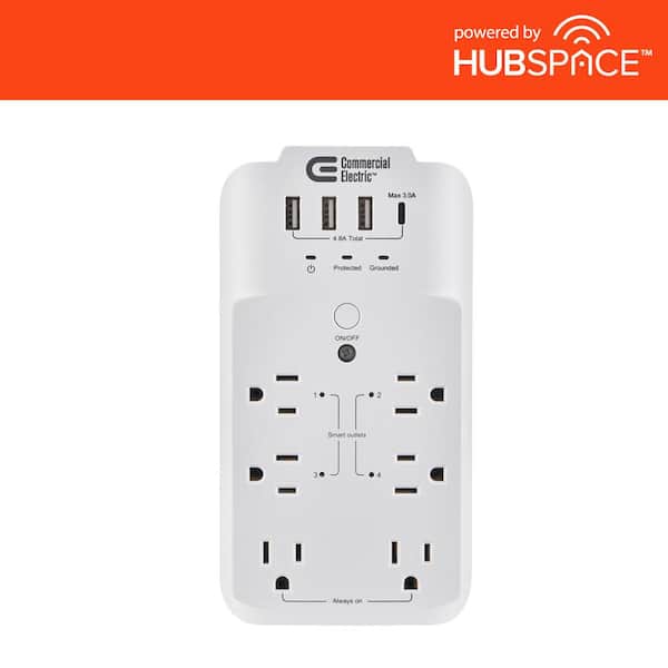 Commercial Electric 6-Outlet Smart Surge Protector with 4 USB Ports, White, Powered by Hubspace