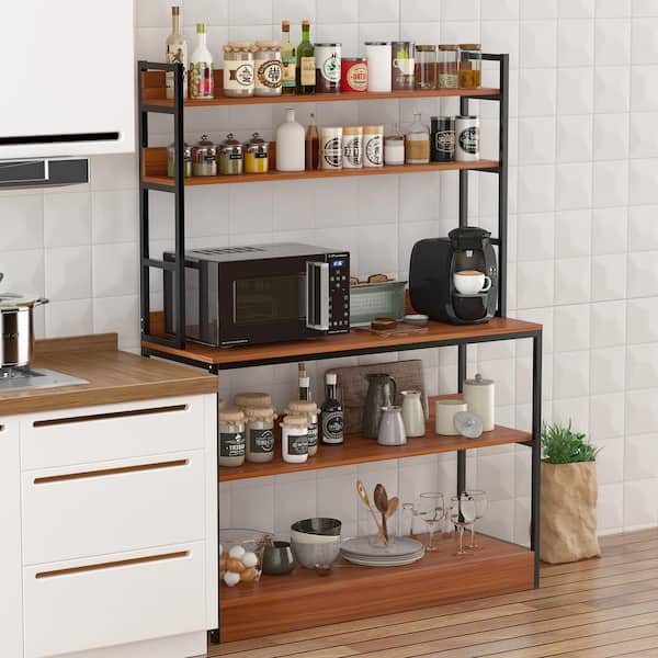 FUFU&GAGA White 5-Tiers Standing Baker's Racks with Wood Table Utility Storage Shelf Kitchen Organizer Rack