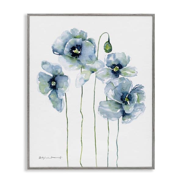 Modern Poppy Blooms Blue Abstract by Stephanie Workman Marrott Gray Framed Giclee Art Print Nature 24 in. x 30 in.