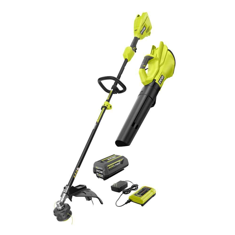 40V Cordless Attachment Capable 15"" String Trimmer & 550 CFM 120 MPH Blower Combo Kit with 4.0 Ah Battery & Charger -  RYOBI, RY40CK201K