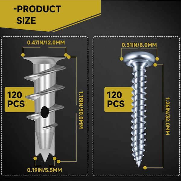 #8 x 1.57 in. Zinc Self-Drilling Drywall Anchors with Screws (120-Pack）