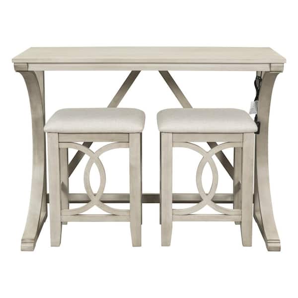 3 Piece Rectangular Milky White Wood Top Counter Height Dining Table Set with USB Port Seats 2