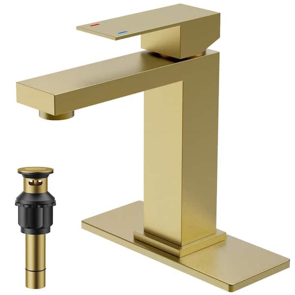 androme Single Handle Single Hole Bathroom Sink Faucet with Deck plate, Pop-up Drain and PEX supply line in Brushed Gold
