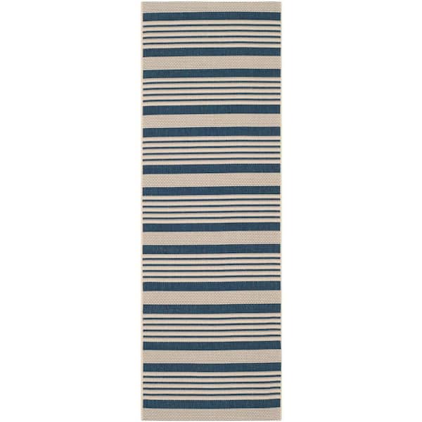 SAFAVIEH Courtyard Navy/Beige 2 ft. x 8 ft. Striped Indoor/Outdoor Patio  Runner Rug