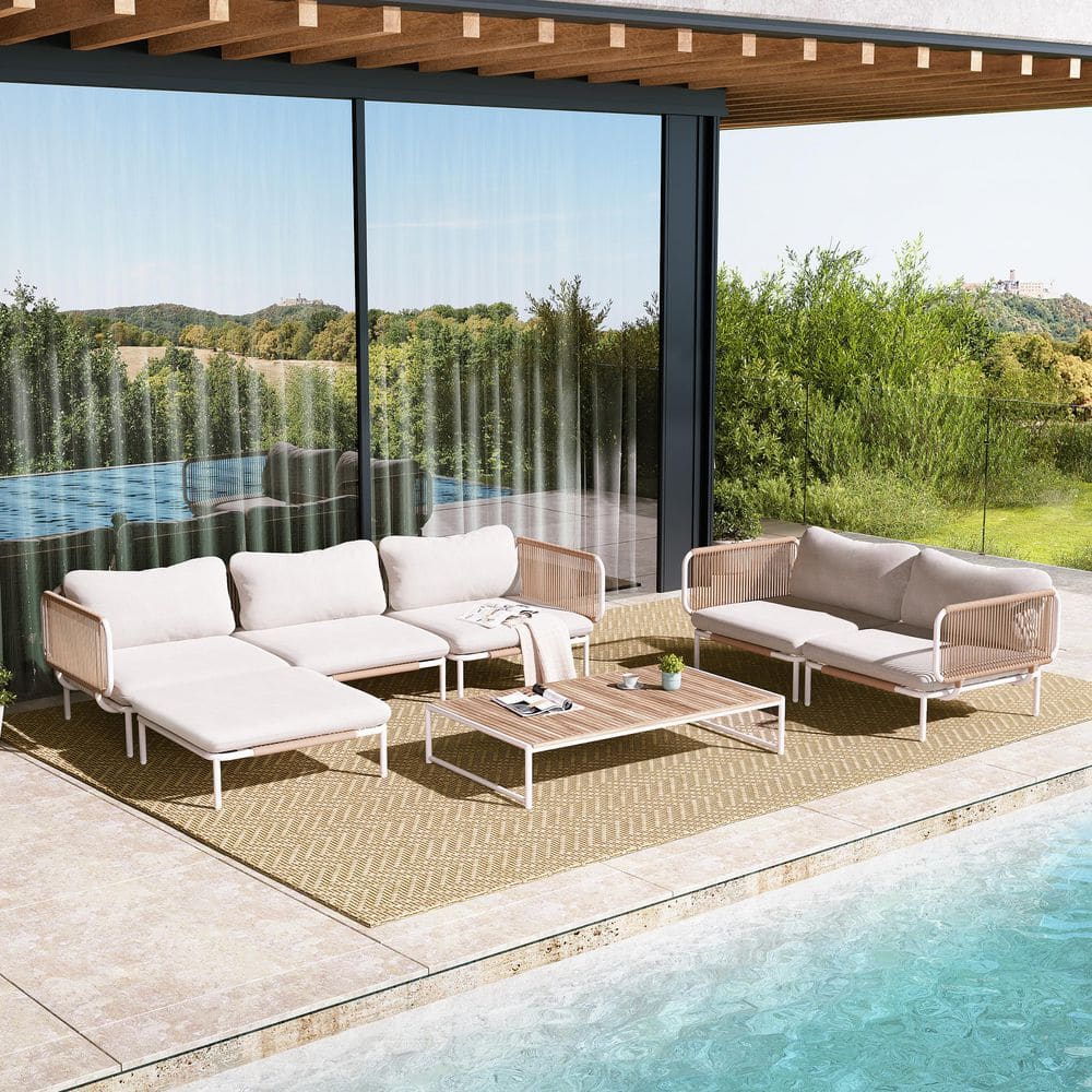 7PCS Metal Patio Outdoor Conversation Set Sectional Sofa with Thickened Cushion Table Armrest in Beige for Garden Porch