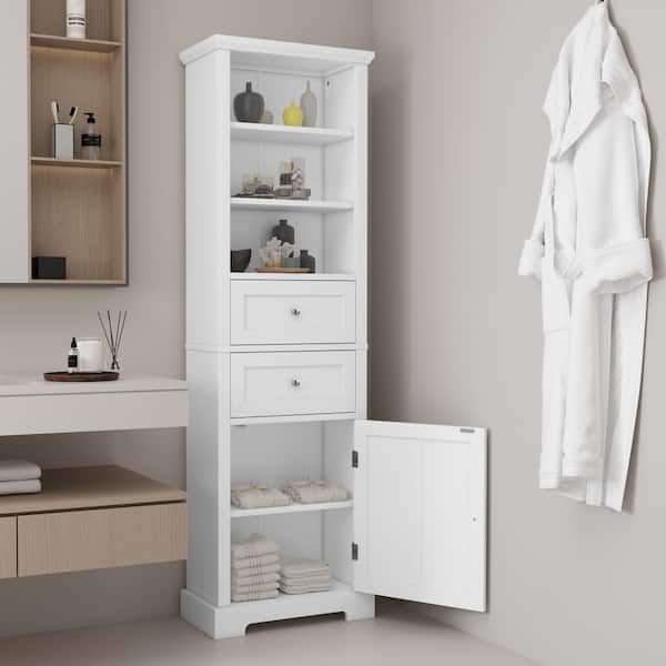 Qualler 22 in. W x 10 in. D x 67 in. H White Wood Linen Cabinet with Drawers and Adjustable Shelf