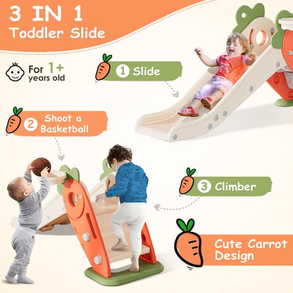 SEEUTEK 4.3 ft.Orange 3 in 1 Toddler Slide Carrot Theme Freestanding Slide Indoor Outdoor Playground Baby Climber Playset BZ 1520 1 The Home Depot