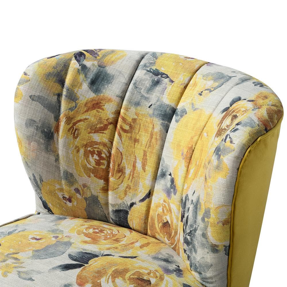Yellow Floral Tufted Slipper Chair with Gold Metal Legs
