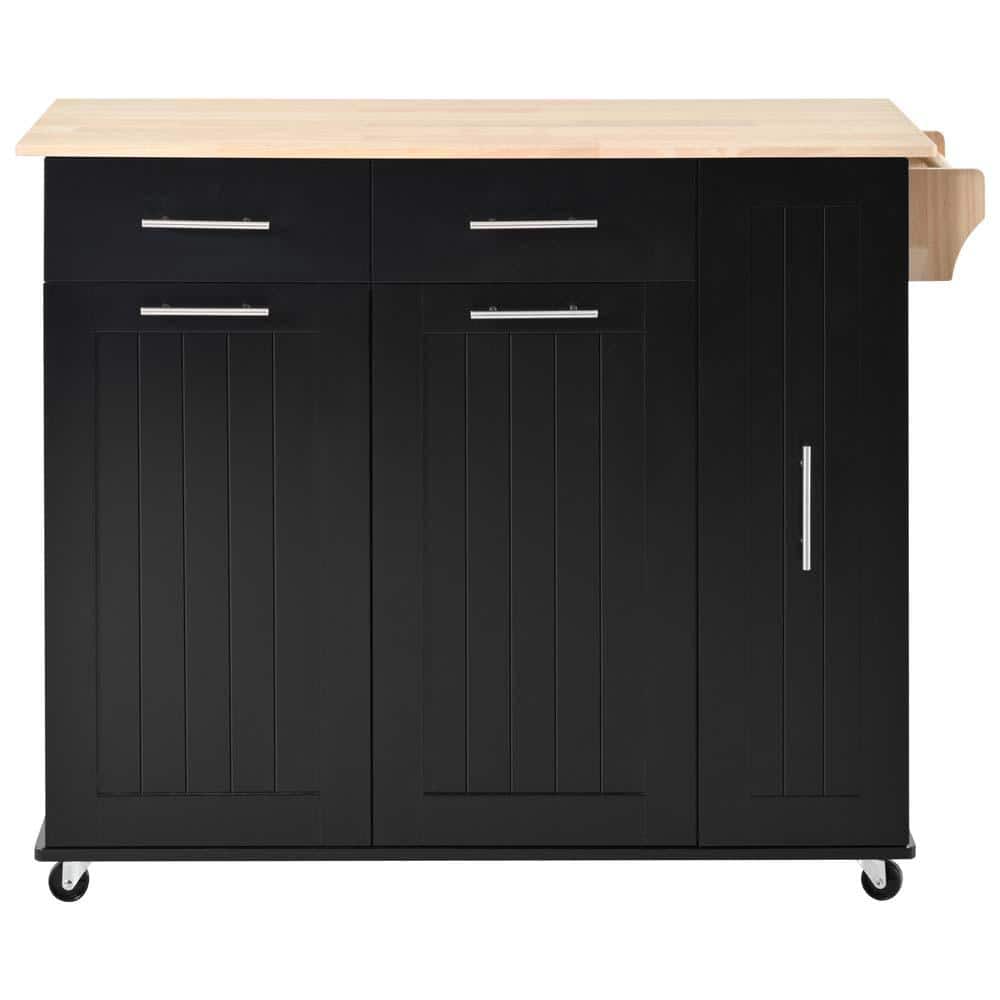 Black Wood 46 in. Kitchen Island with 3 Tier Pull Out Cabinet Organizer, In