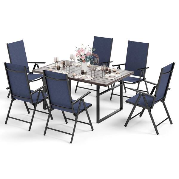 PHI VILLA 7-Piece Metal Outdoor Dining Set with Dark Brown Rectangular ...