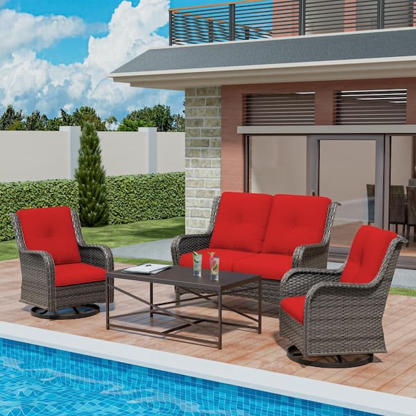 MeetLeisure 4-Piece Wicker Patio Conversation Set Loveseat Sofa Coffee Table with Red Cushion
