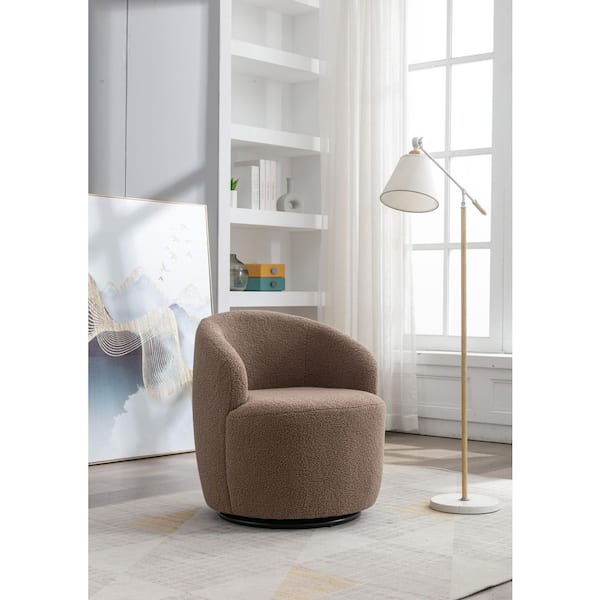 Clarissa Coffee Brown Teddy Fabric Upholstered Barrel Swivel Accent Chair with Metal Base