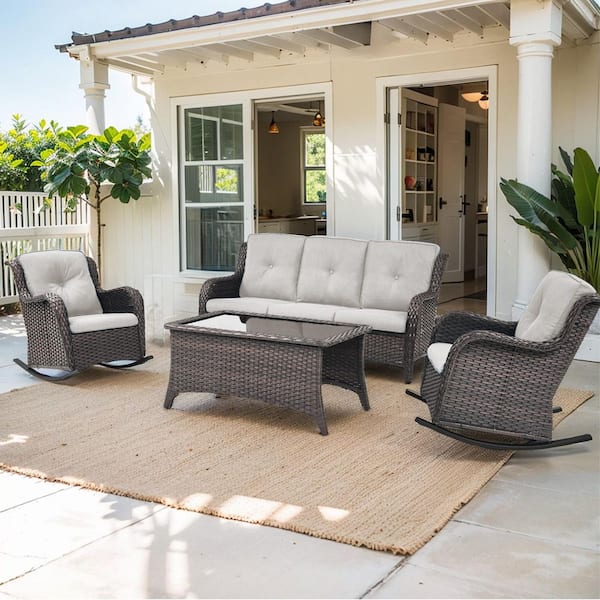 Bellefurn WellCane Brown 4-Piece Wicker Patio Conversation Set with Beige Cushion, Outdoor Sofa set with Rocking Chairs and Table