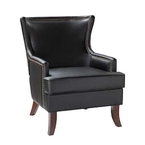 Benito Black Mid-Century Modern Vegan Leather Arm Chair with Tapered Wood Legs and Ergonomic Design