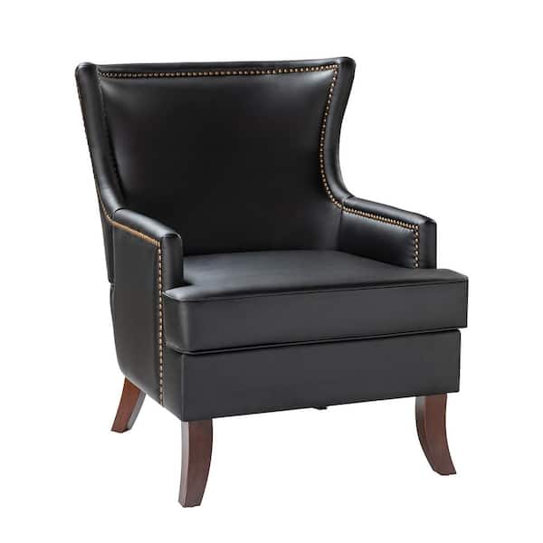 JAYDEN CREATION Benito Black Mid-Century Modern Vegan Leather Arm Chair with Tapered Wood Legs and Ergonomic Design