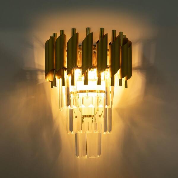 OUKANING 9.84 in. 2-Light Indoor Gold Modern Crystal Wall Light