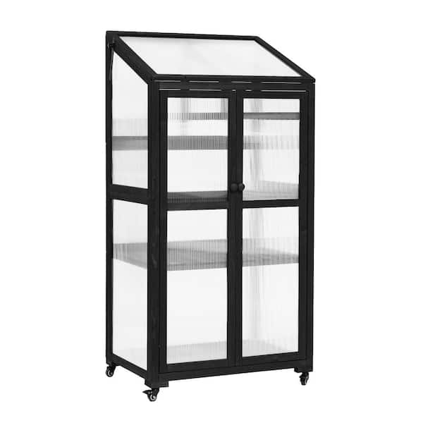 Zeus & Ruta 31.5 in. W x 62 in. H Black Wood Greenhouse Balcony Cold Frame with Wheels and Adjustable Shelves for Outdoor Indoor Use