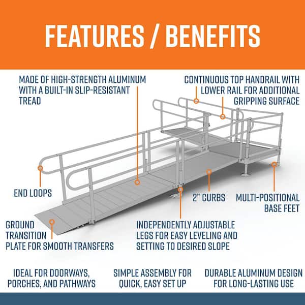 PATHWAY 18 ft. L-Shaped Aluminum Wheelchair Ramp Kit w/Solid Surface Tread, 2-Line Handrails and 4 ft. Turn Platform