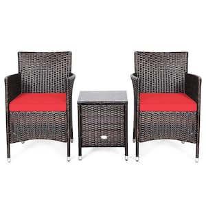Outdoor 3 Pieces Wicker Patio Conversation Set With Red Cushions