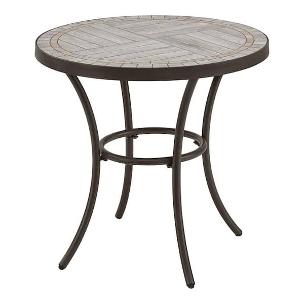 StyleWell 27 in. Brown Round Metal Outdoor Side Table with Grouted Porcelain Top
