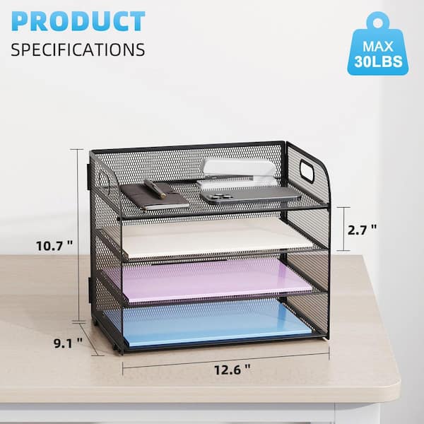 Aoibox 4-Tier Black Mesh Paper Organizer Tray with Portable Handle, Multi-Purpose Letter/A4 File Sorter for Desk