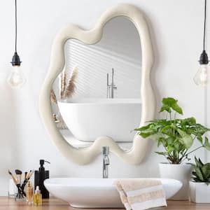 24 in. W x 32 in. H Irregular Beige Wall-mounted Mirror Flannel Wrapped Wooden Frame Decorative Wavy Mirror