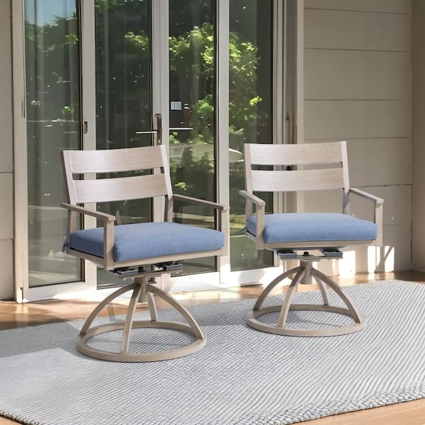 Woodgrain Aluminum Outdoor Dining Chair with Sunbrella Blue Cushion (2-Pack)
