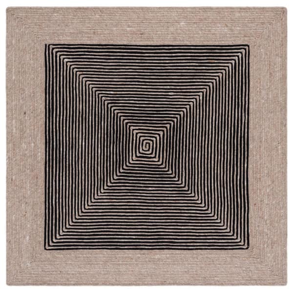 Braided 5 ft. x 5 ft. Beige/Black Striped Square Area Rug