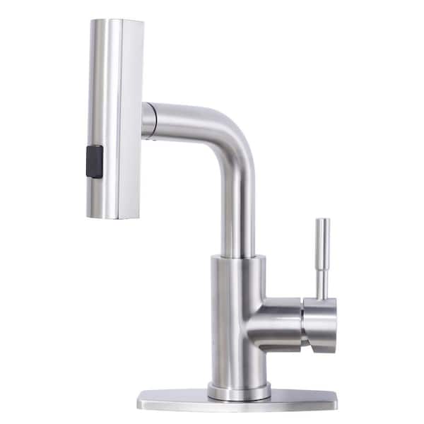 3 Modes Single Handle Stainless Steel Waterfall Bar Faucet with Pull Down Sprayer and Deckplate in Brushed Nickel