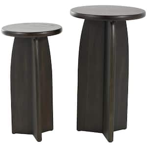 14 in. Black Pedestal Large Round Wood Coffee Table (2- Pieces)