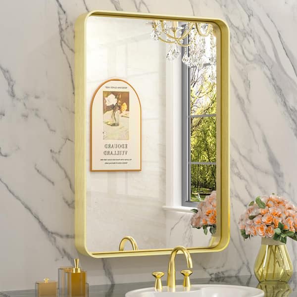 TETOTE 16 in. W x 24 in. H Rectangular Aluminum Framed Wall Mount Bathroom Vanity Mirror in Gold
