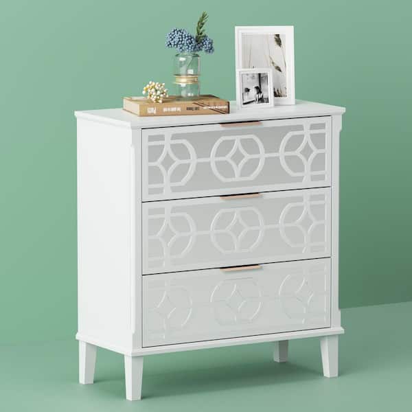 FUFU&GAGA 26 in W. x 28.5 in H. x 11.8 in D White Rectangle MDF End Table with 3-Mirrored-Drawer