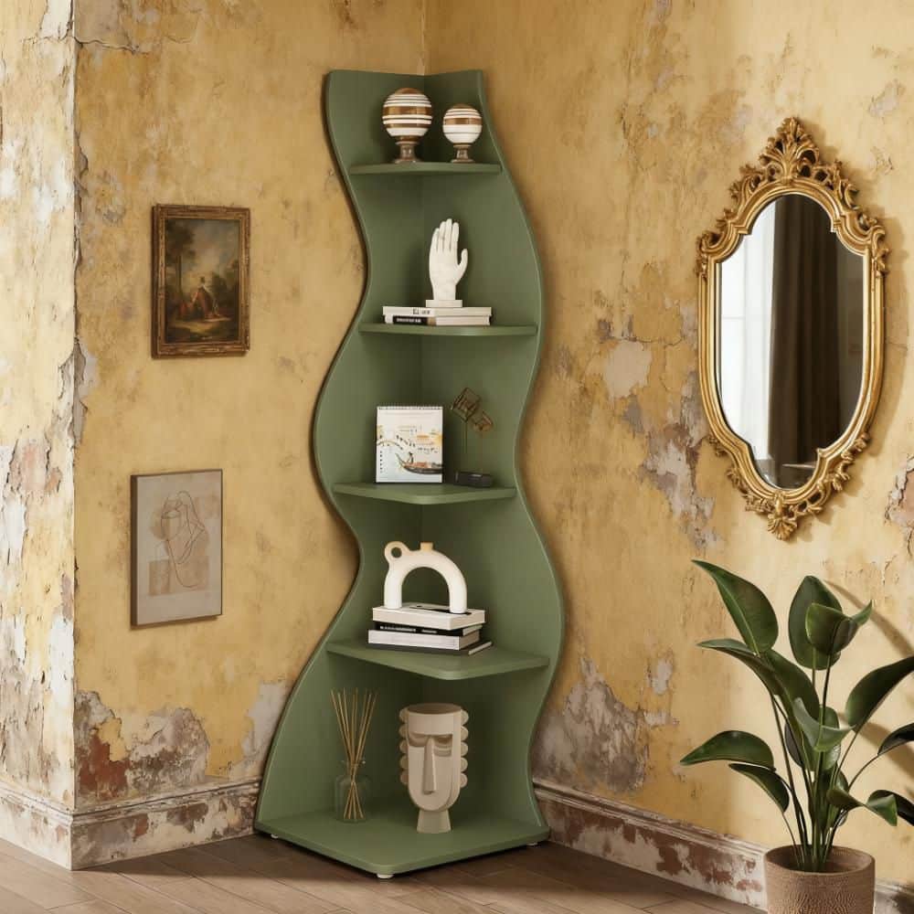 その他 Magical Furniture Angle 70 Shelf Seafuloy 70 in. Tall Green Engineered Wood Accent Bookcase, Corner