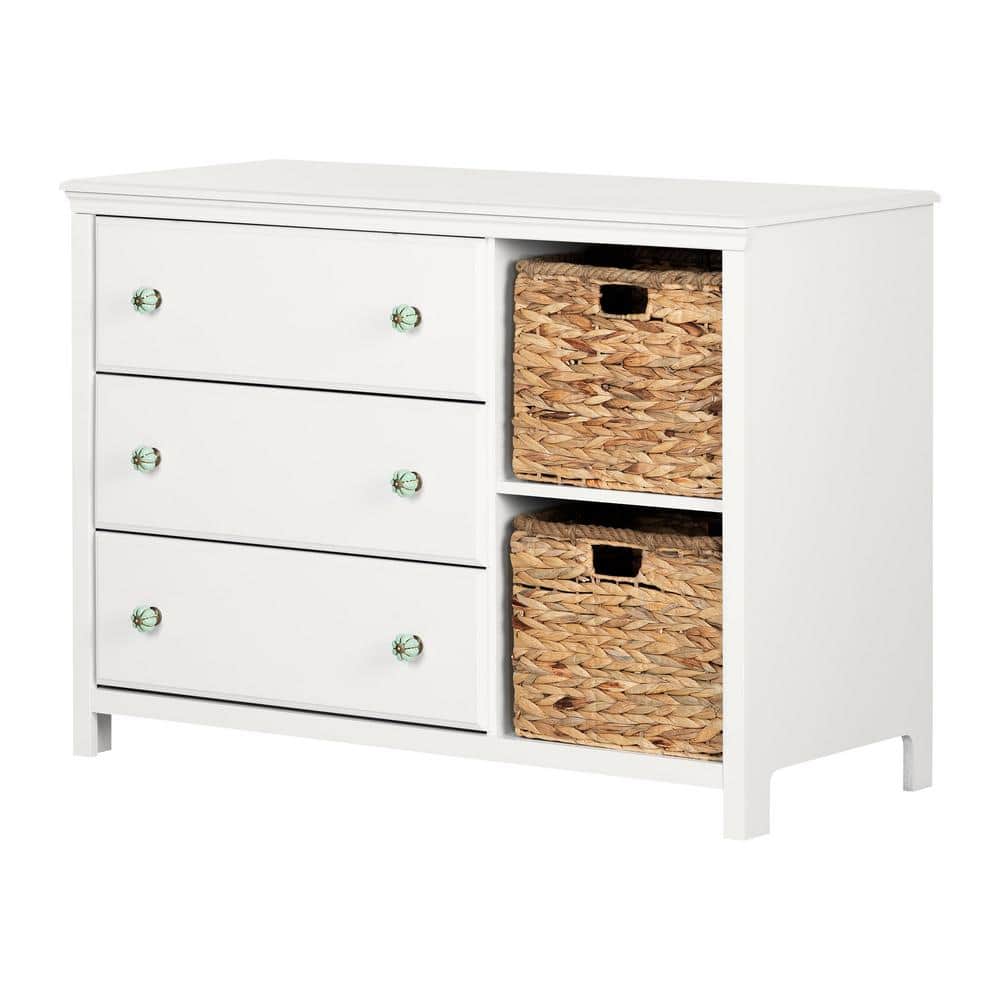 Bohemian Pure White 3-Drawer Dresser with Wicker Baskets