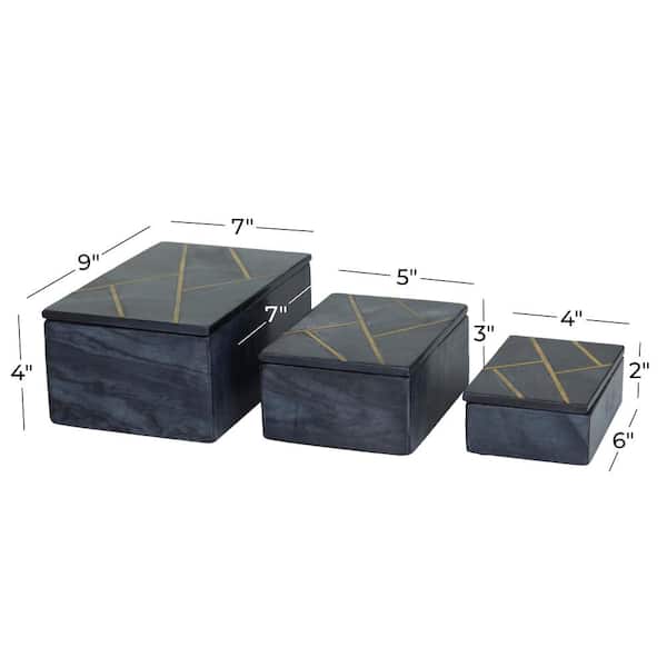 Litton Lane Rectangle Marble Box with Gold Linear Lines (Set of 3), Black