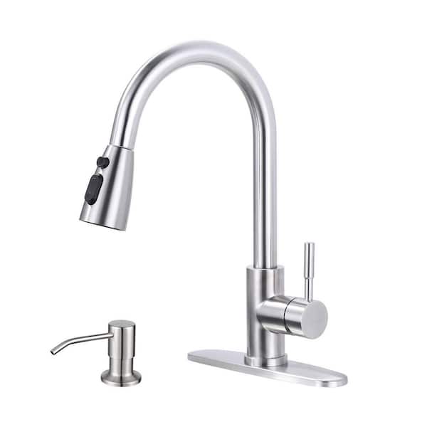 Single Handle Pull Down Sprayer Kitchen Faucet with 3-Mode Sprayer and Soap Dispenser in Brushed Nickel