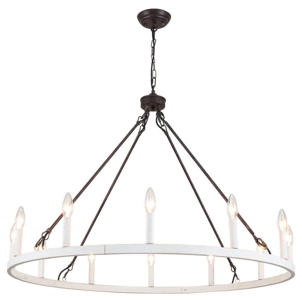 12-Light Antique Black and Distressed White Modern Candlestick Wagon Wheel 