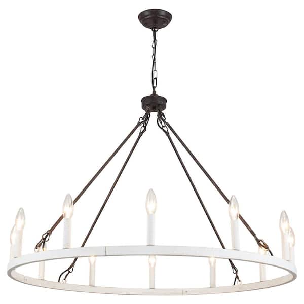 ADSENSTY 12-Light Antique Black and Distressed White Modern Candlestick Wagon Wheel Chandelier