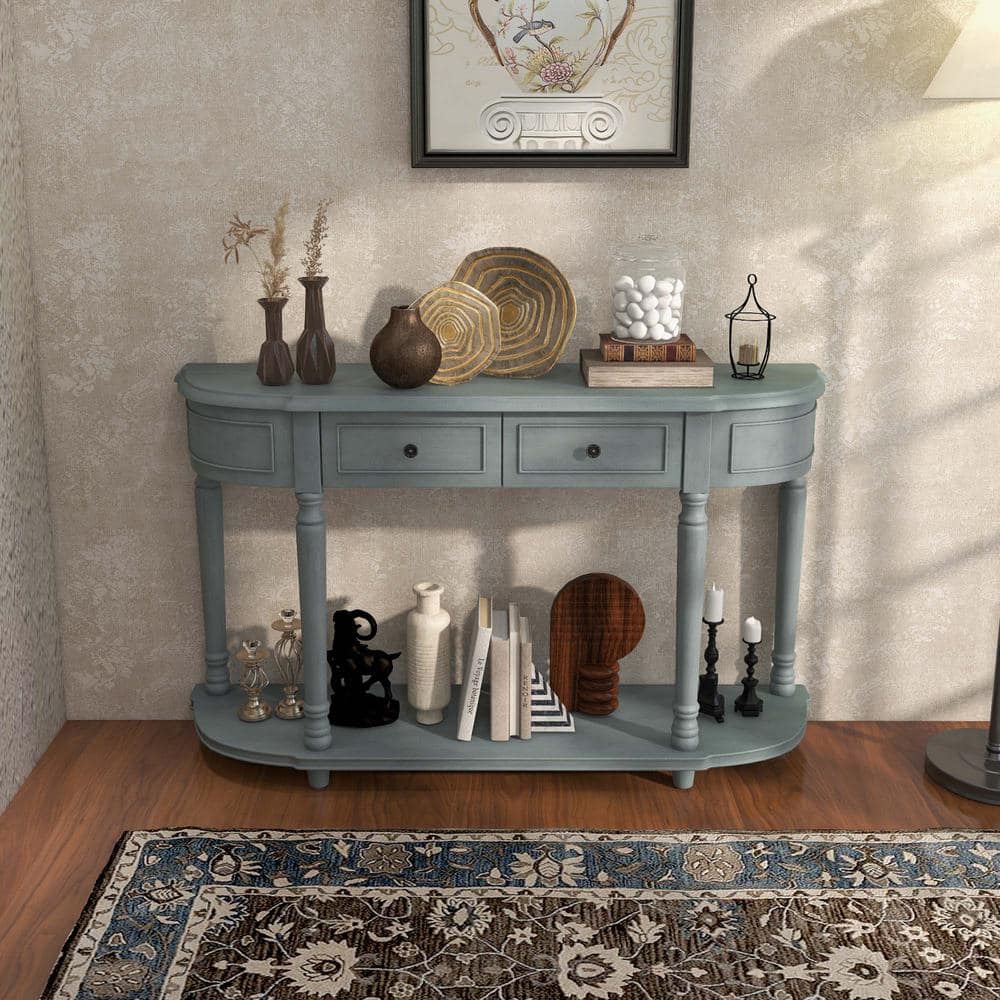 Costway 52 in. Blue Specialty Wood Long Sofa Table with 2