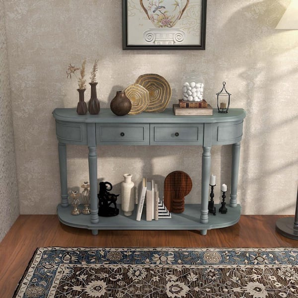 Costway 52 in. Blue Specialty Wood Long Sofa Table with 2-Drawers And Open Shelf Retro Console Table with Storage