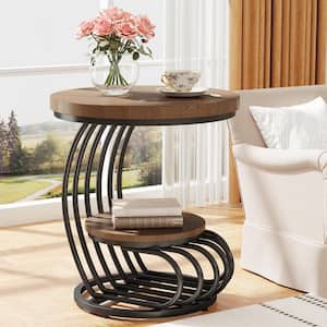 Kerlin 19.68 in. Brown Round Wood End Table with 2 Tiers Storage Shelves