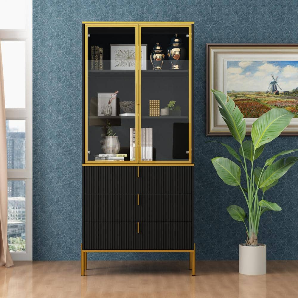 FUFU&GAGA 71.9 in. Tall Black & Gold Wooden 3-Shelf Accent Bookcase,  Storage Cabinet with Tempered Glass Doors & 3-Drawer L-THD-210222-01-c -  The Home 