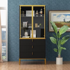 71.9 in. Tall Black & Gold Wooden 3-Shelf Accent Bookcase, Storage Cabinet with Tempered Glass Doors & 3-Drawer