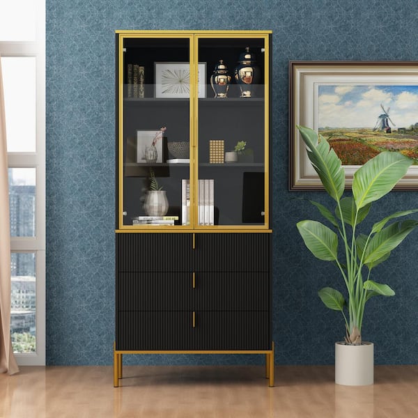 FUFU&GAGA 71.9 in. Tall Black & Gold Wooden 3-Shelf Accent Bookcase, Storage Cabinet with Tempered Glass Doors & 3-Drawer