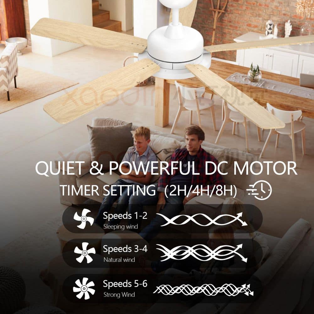 52-Inch White and Light Brown Smart Ceiling Fan with LED Light and Remote